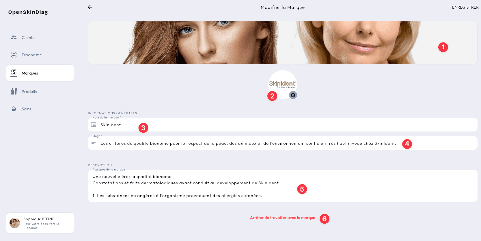 Page Modifier la marque : 1 image de couverture, 2 logo, 3 nom de la marque, 4 slogan, 5 description, 6 arrêter de travailler avec la marque